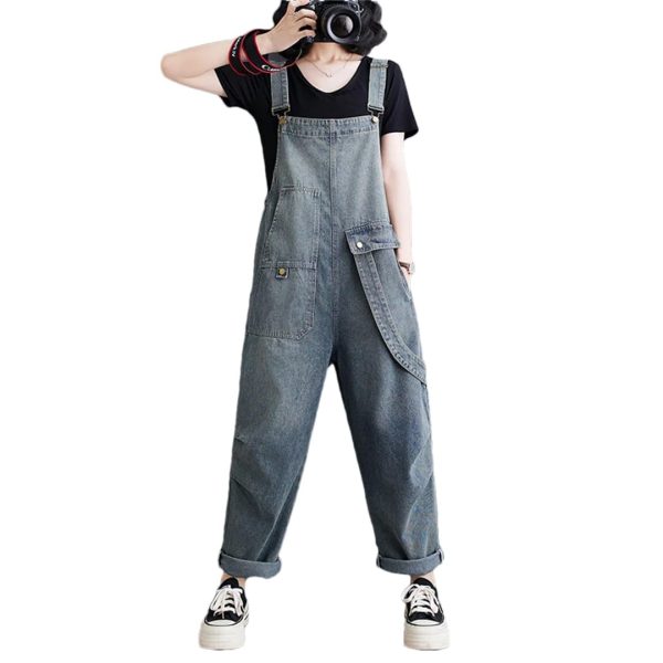 Womens Blue Vintage Big Pockets Streetwear Overalls Long Jumpsuit Loose Rompers Denim Jumpsuits