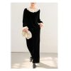 Plus Size Women's Velvet Suit - Fashion Collar Blouse & Wide Leg Trousers Contemporary Silhouette