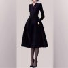 Women's Notched Suit Midi Dress - Office Lady Slim Black Long Sleeve