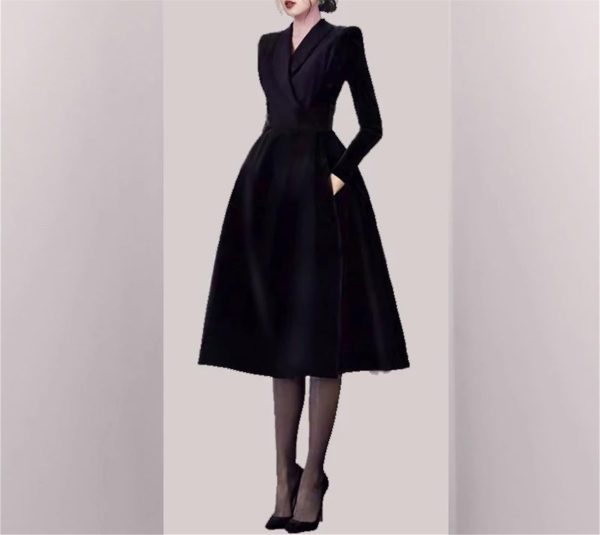 Women's Notched Suit Midi Dress - Office Lady Slim Black Long Sleeve