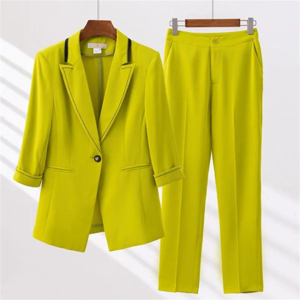 51fK45QoKTL.jpg Women Spring Summer Temperament Half Sleeve Business Slim Blazer and Pants Office Ladies Work Wear Suits