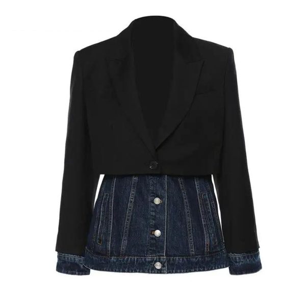 Women Blazer Denim Patchwork Fake Two Blazers And Jackets Color Matching Asymmetry Suit Coats