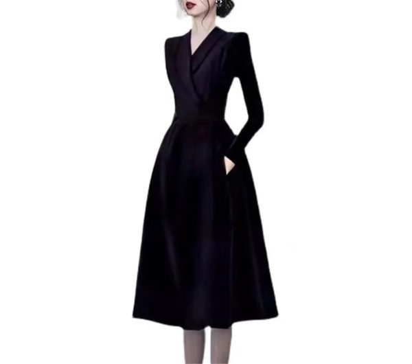 Women's Notched Suit Midi Dress - Office Lady Slim Black Long Sleeve