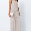 Womens V Neck Twill Tailored Blazer Sleeveless Vest Two 2 Piece Set Wide Leg Pant Suit