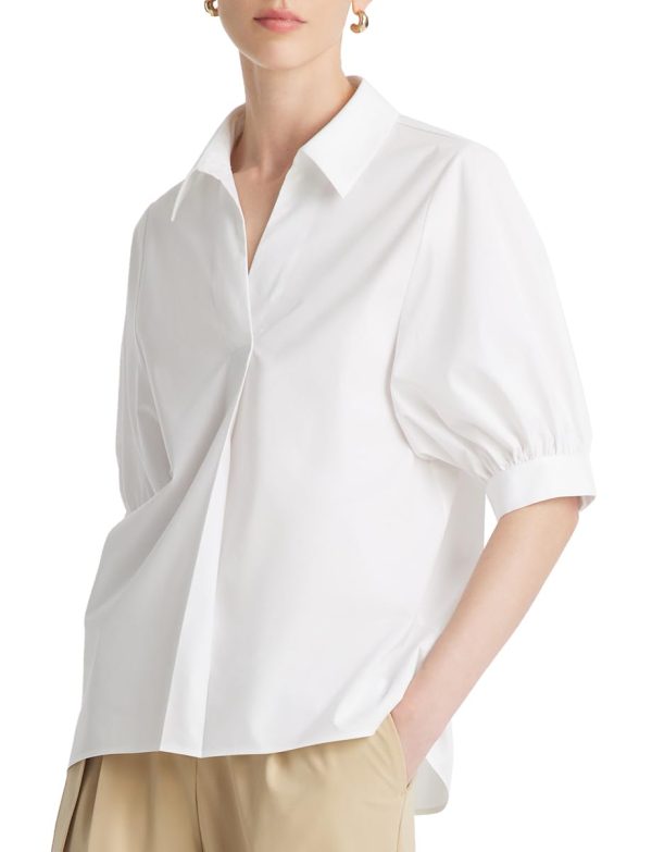 Business Casual Tops for Women Elegant V Neck White Dress Shirts Puff Sleeve Blouse for Work with Attached Silk Scarf
