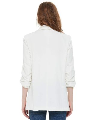 Womens 3/4 Ruched Sleeve Blazer Jacket Lightweight Work Office Open Front Solid Coat, Black