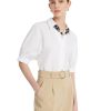 Business Casual Tops for Women Elegant V Neck White Dress Shirts Puff Sleeve Blouse for Work with Attached Silk Scarf