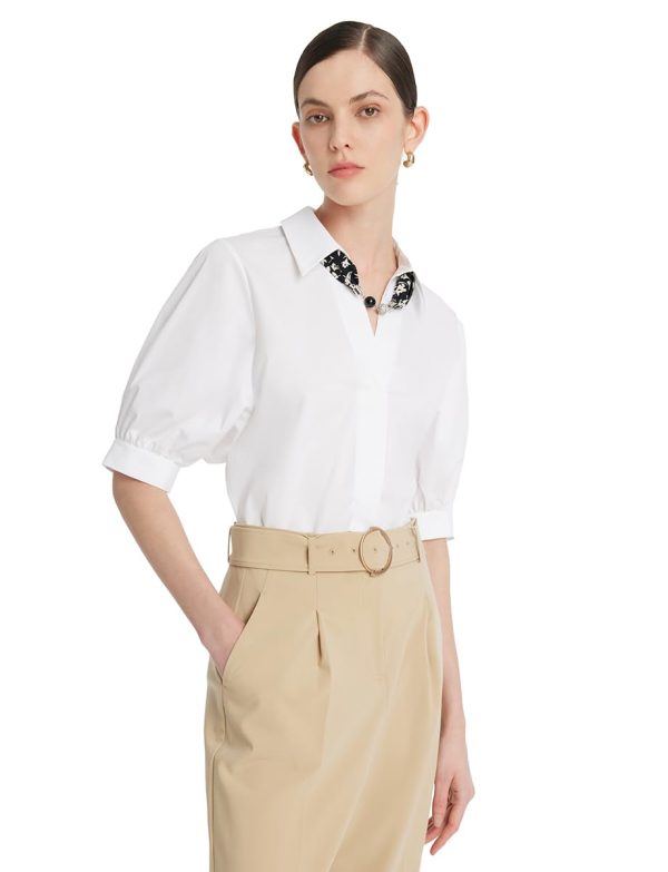 Business Casual Tops for Women Elegant V Neck White Dress Shirts Puff Sleeve Blouse for Work with Attached Silk Scarf