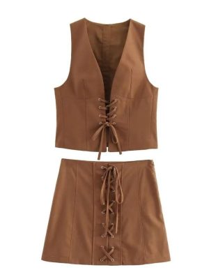 Women's 2 Piece Set Lace-Up Slim Vest V-Neck Cropped Top High Waist Side Zipper A-Line Skirt for Spring Summer