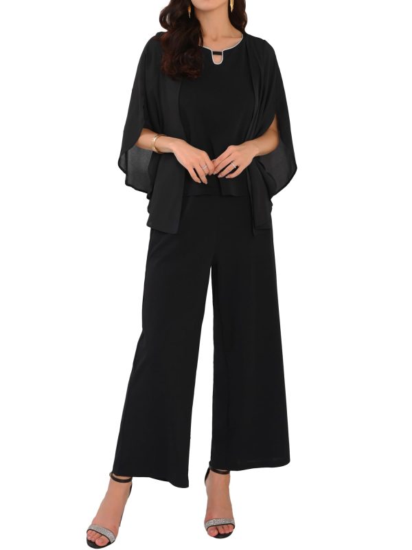 51j1pJROoCL.jpg Women's 2 Pieces Sets Elegant Chiffon Sleeve Top Wide Legs Pants Mother of Bride Suits