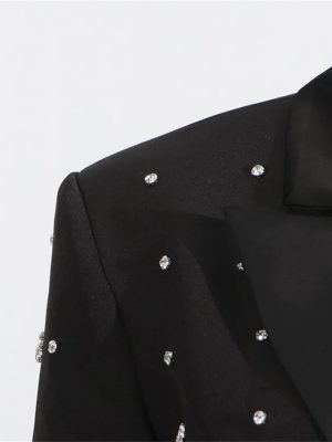 Women Spring Autumn Double Breasted Diamond Black Blazer Coat Slim Suit Jacket
