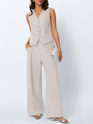 Womens V Neck Twill Tailored Blazer Sleeveless Vest Two 2 Piece Set Wide Leg Pant Suit