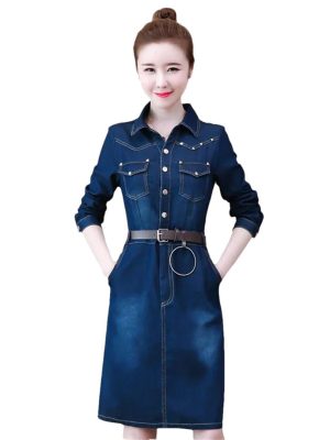 Women Jeans Dress Long Sleeve Single Breasted Shirt Dress Office Denim Dress