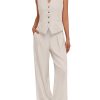 Womens V Neck Twill Tailored Blazer Sleeveless Vest Two 2 Piece Set Wide Leg Pant Suit