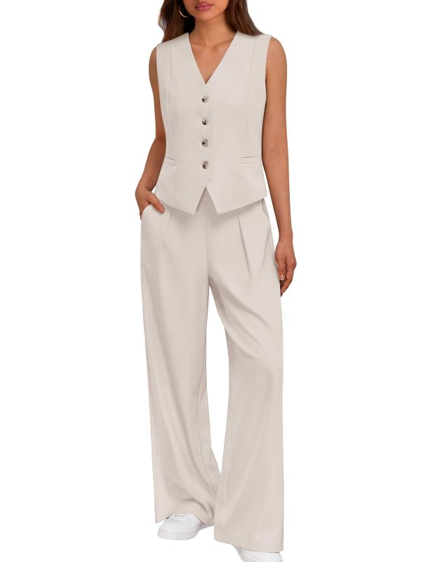 Womens V Neck Twill Tailored Blazer Sleeveless Vest Two 2 Piece Set Wide Leg Pant Suit