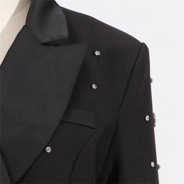 Women Spring Autumn Double Breasted Diamond Black Blazer Coat Slim Suit Jacket