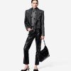 Women's 2-Piece Suit Wide Herringbone Notch Lapel Double Breasted Buttons Jacket Leather Pants Work Meeting