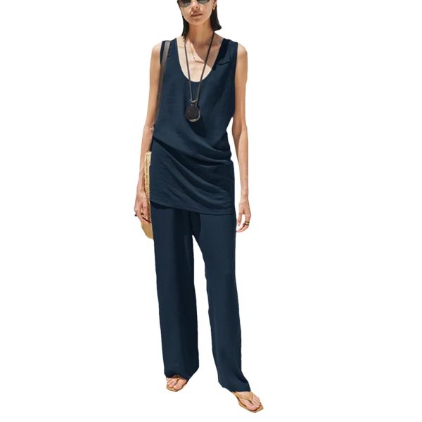 Women's Linen Lounge Set - Coffee Vest & Wide Leg Pants Summer Cooling Athletic Wear