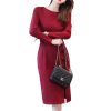 Women Contrast Color Elegant Temperament Party Dresses Office High Waist Long Sleeve Slim Midi Dress
