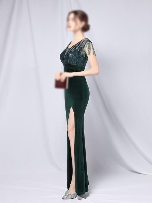Green Sequin Long Dress Women Banquet Wedding Guest Evening Gown Formal Party Dress