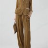 Women's Khaki Velvet Suit - Long Sleeve Shirt & Wide Leg Pants Minimalist Business Attire