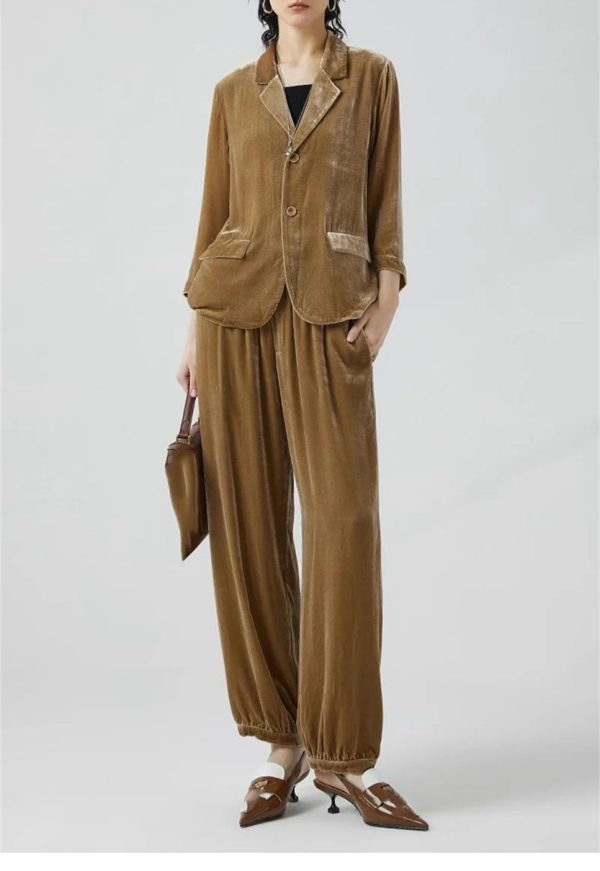 Women's Khaki Velvet Suit - Long Sleeve Shirt & Wide Leg Pants Minimalist Business Attire