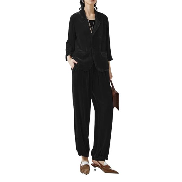 Women's Khaki Velvet Suit - Long Sleeve Shirt & Wide Leg Pants Minimalist Business Attire