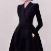 Women's Notched Suit Midi Dress - Office Lady Slim Black Long Sleeve
