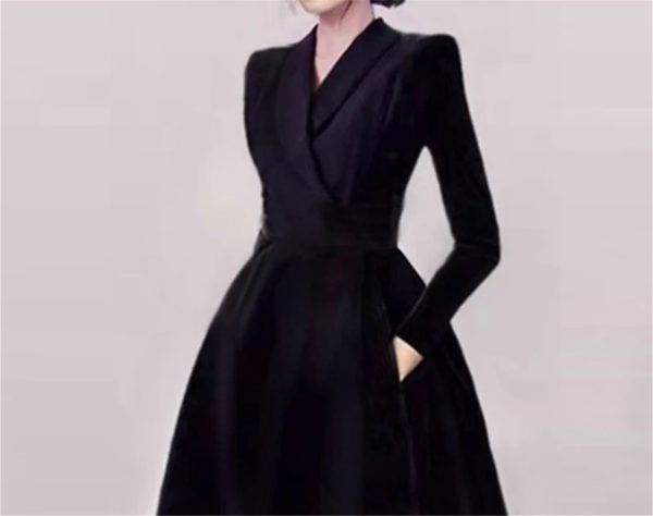 Women's Notched Suit Midi Dress - Office Lady Slim Black Long Sleeve