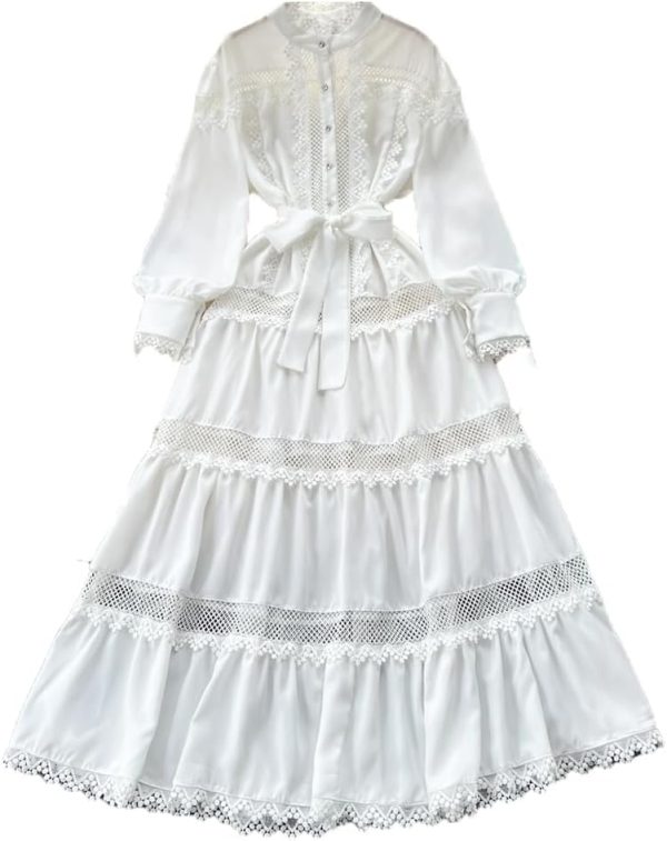 Elegant Lace Patchwork Maxi Dress Women Hollow Out Short Sleeve O Neck Lightweight Beach Dress