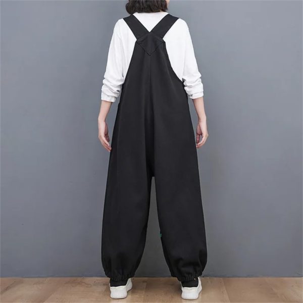 Women Loose Vintage Streetwear Wide Leg Jumpsuits Denim Overalls Spliced Black Cartoon Printed Jumpsuits