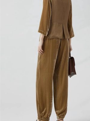 Women's Khaki Velvet Suit - Long Sleeve Shirt & Wide Leg Pants Minimalist Business Attire