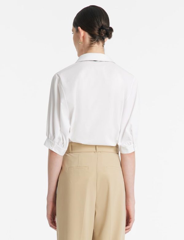 Business Casual Tops for Women Elegant V Neck White Dress Shirts Puff Sleeve Blouse for Work with Attached Silk Scarf