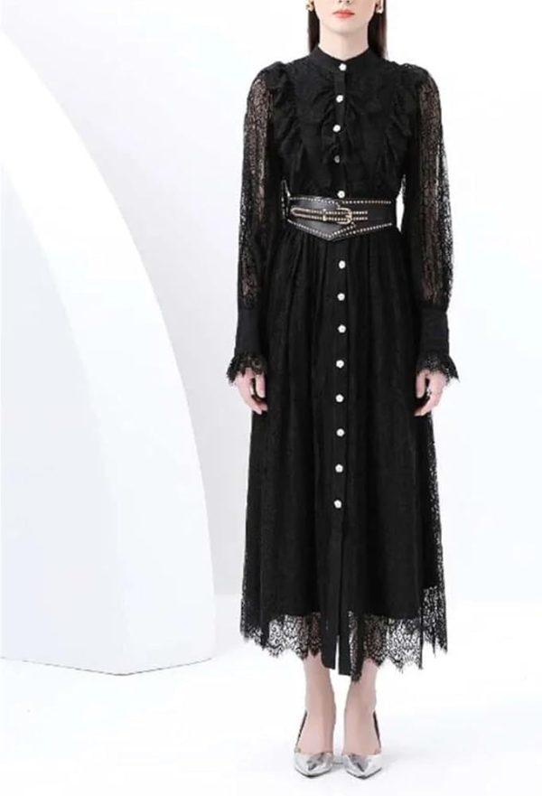 Vintage Lace Midi Dress Women O Neck Puff Sleeves Empire Waist Hollow Out A Line Single Breasted Dress