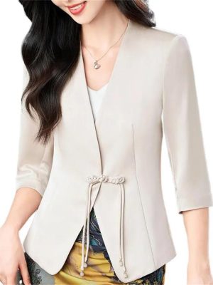 Women Satin Silk Suit Coat Half Sleeve Solid Single Button Blazer Elegant Office Outerweara Jacket