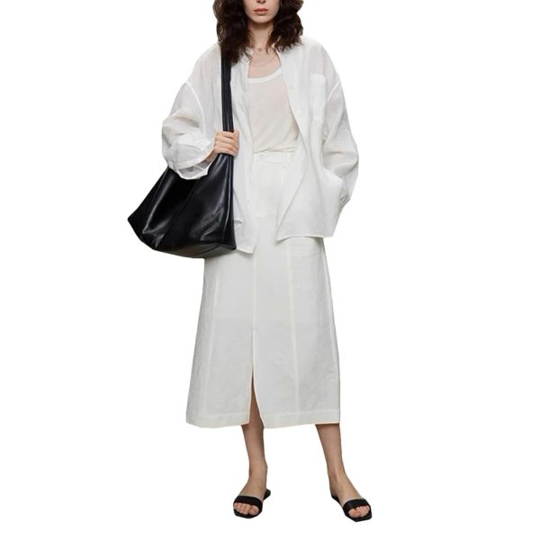 Women's Street Style Set - White Linen Shirt & Skirt Minimalist City Wear