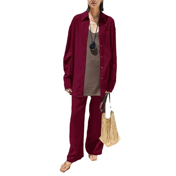 Women's Linen Comfort Set - Long Sleeve Shirt & Straight Leg Pants Cooling Lounge