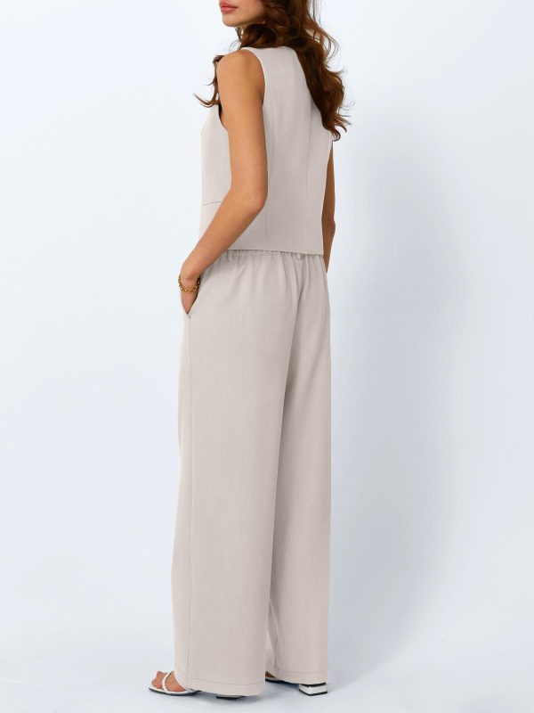 Womens V Neck Twill Tailored Blazer Sleeveless Vest Two 2 Piece Set Wide Leg Pant Suit