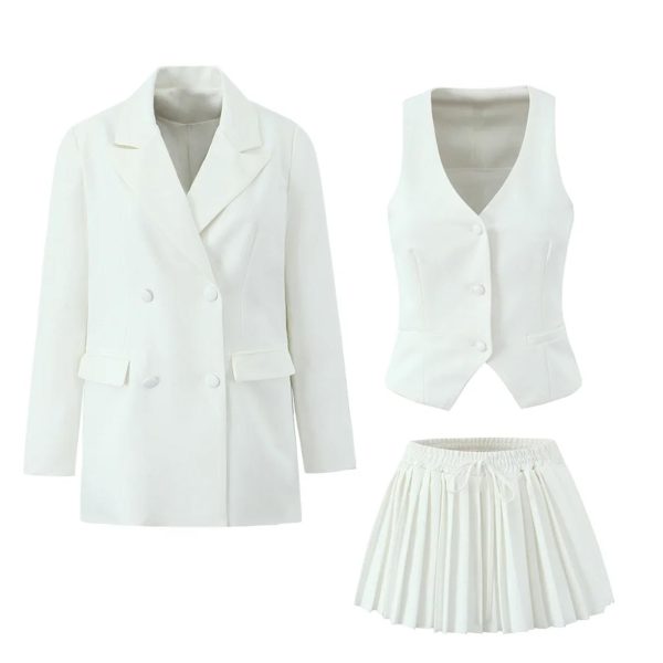 Women's 3-Piece Blazer Suit - Notched Twill Jacket & Bow Waist Pleated Skirt