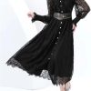 Vintage Lace Midi Dress Women O Neck Puff Sleeves Empire Waist Hollow Out A Line Single Breasted Dress