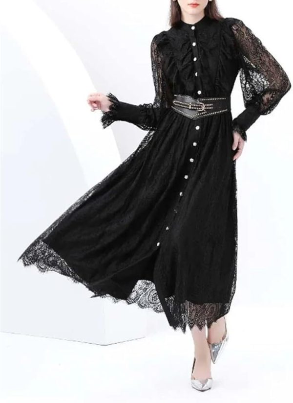 Vintage Lace Midi Dress Women O Neck Puff Sleeves Empire Waist Hollow Out A Line Single Breasted Dress