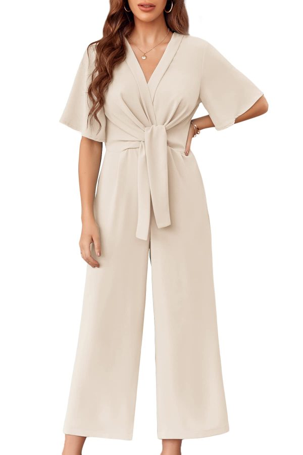 Womens Wide Leg Jumpsuits Short Sleeve Tie Knot Front Summer Long Romper