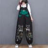 Women Loose Vintage Streetwear Wide Leg Jumpsuits Denim Overalls Spliced Black Cartoon Printed Jumpsuits