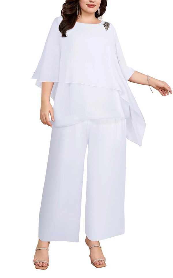 Plus Size Mother of Bride Pant Suits 2 Piece Chiffon Sets Ruffle Layers Wedding Guest Outfit
