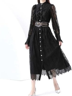 Vintage Lace Midi Dress Women O Neck Puff Sleeves Empire Waist Hollow Out A Line Single Breasted Dress
