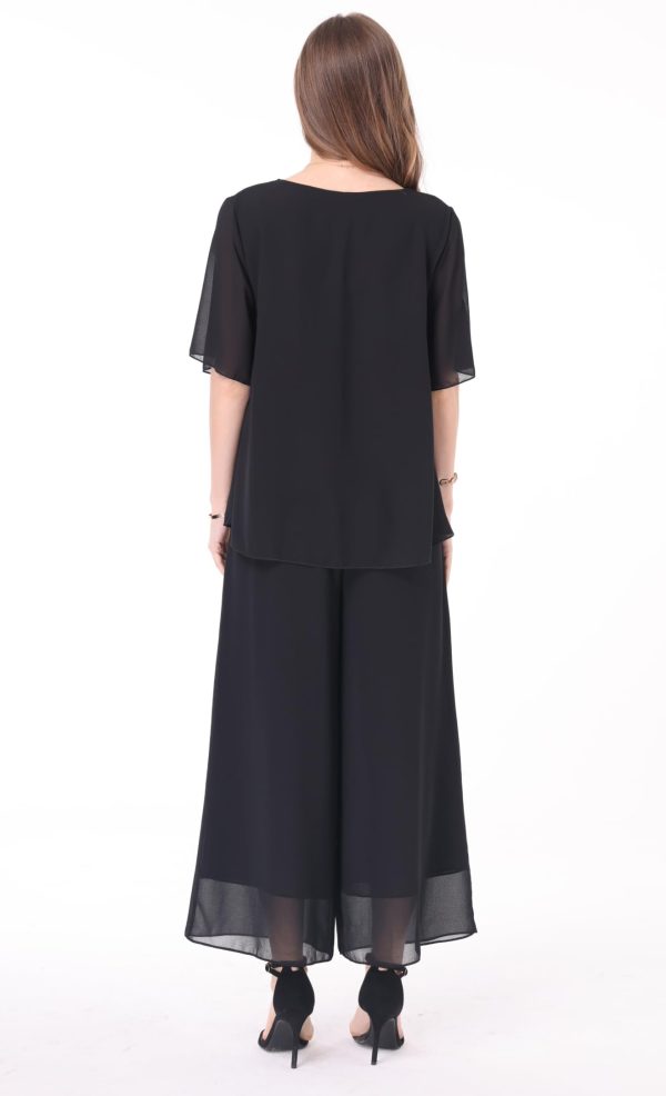 Women's 2 Piece Chiffon Sets Outfits Flowy Summer Casual Dressy Pantsuits Double Layers Blouse Capris Pants Suits