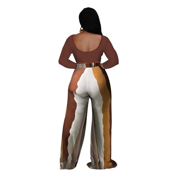 2 Piece Outfits for Women Sexy Backless Long Sleeve Crop Top High Waist Wide Leg Long Pant Sets Tracksuit Printed Set