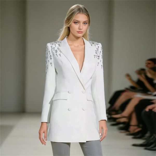 Women Autumn Double Breasted Rhinestone Full Sleeve Black Blazer Coat Long Suit Jacket