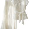 Womens 2 Piece Chiffon Outfits Short Sleeve Blouse and Pleated A Line Long Skirt Set with Belt for Work Office