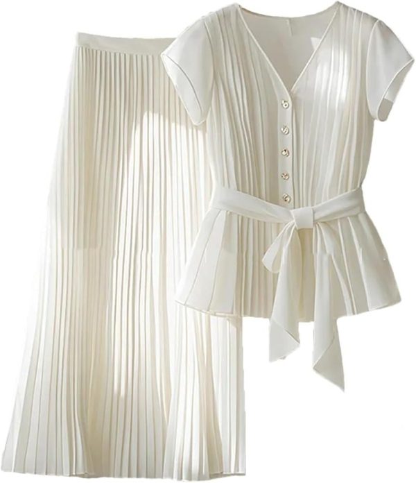Womens 2 Piece Chiffon Outfits Short Sleeve Blouse and Pleated A Line Long Skirt Set with Belt for Work Office